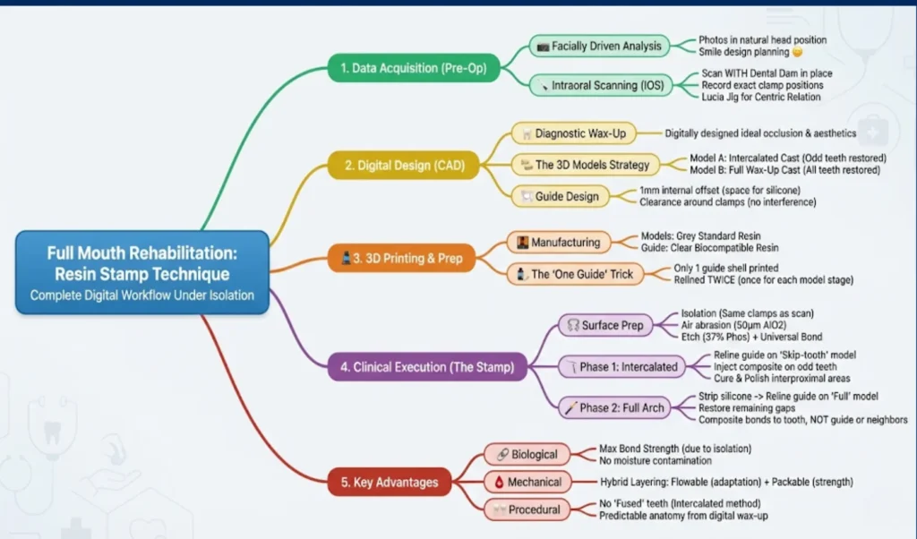 Visual mind map of the Resin Stamp Technique workflow created by Dr. Haitham Sharshar. This diagram decodes the complex JPD protocol by Hiromoto et al. into 5 actionable phases: Data Acquisition, CAD Design, 3D Printing, Clinical Execution, and Key Advantages.