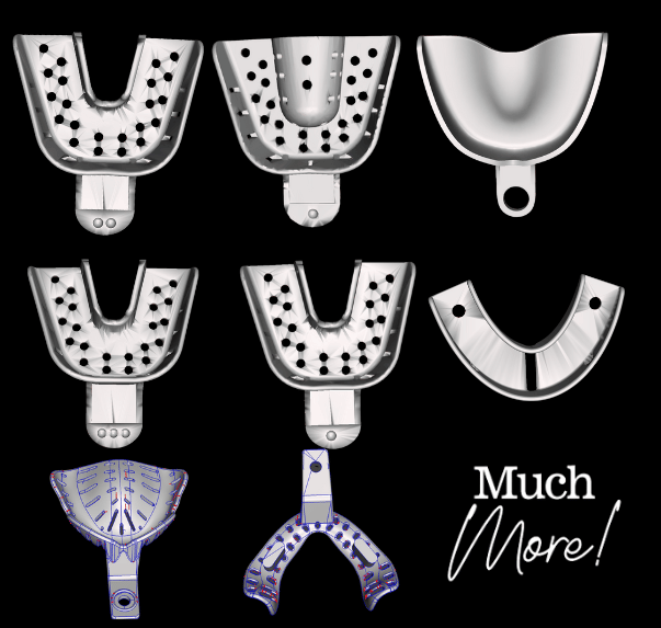 “Dental impression tray STL files preview – dentate and edentulous 3D printable trays in multiple upper and lower sizes.”