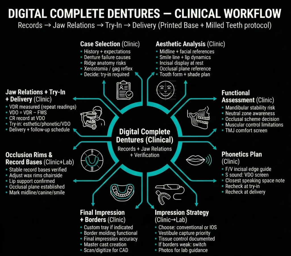 Digital complete dentures clinical workflow mindmap showing aesthetic analysis, impressions, occlusion rims, VDR to VDO, CR record, try-in, delivery, and QC gates.