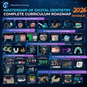 Mastership of Digital Dentistry 2026 complete curriculum roadmap by DDS – Dr. Haitham Sharshar, featuring 38 advanced modules in digital diagnostics, smile design, exocad CAD/CAM, digital occlusion, jaw tracking, implant planning, surgical guides, 3D printing, and full-arch digital workflows.