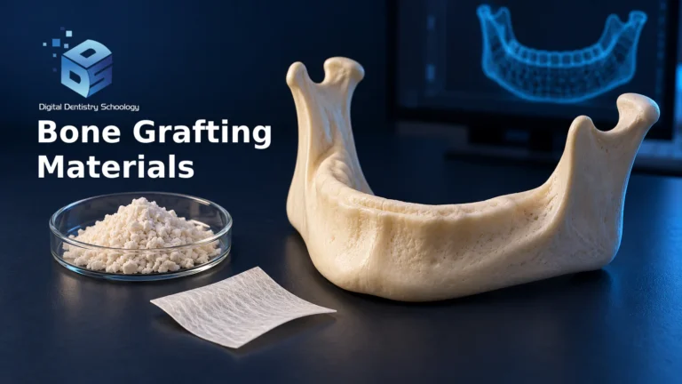 Bone Grafting Materials: Comparing Evidence for Oral Reconstruction 1 Cover titled "Bone Grafting Materials," with an AI-generated concept showing a mandible teaching model beside generic graft-like granules and a membrane-like sheet, with an abstract digital jaw model in the background.