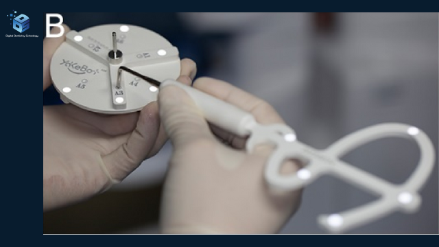A clinician calibrates a tracked probe against a disc-shaped calibrator, with the source device labels and a small DDS logo.