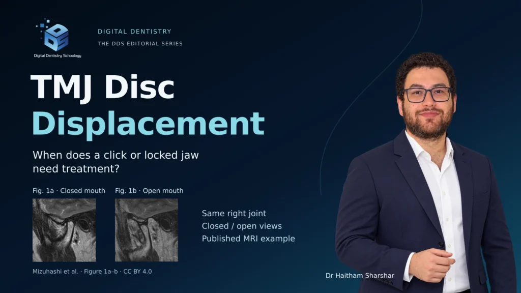 TMJ Disc Displacement editorial cover with Dr. Haitham Sharshar, the DDS logo and an attributed closed- and open-mouth MRI pair.