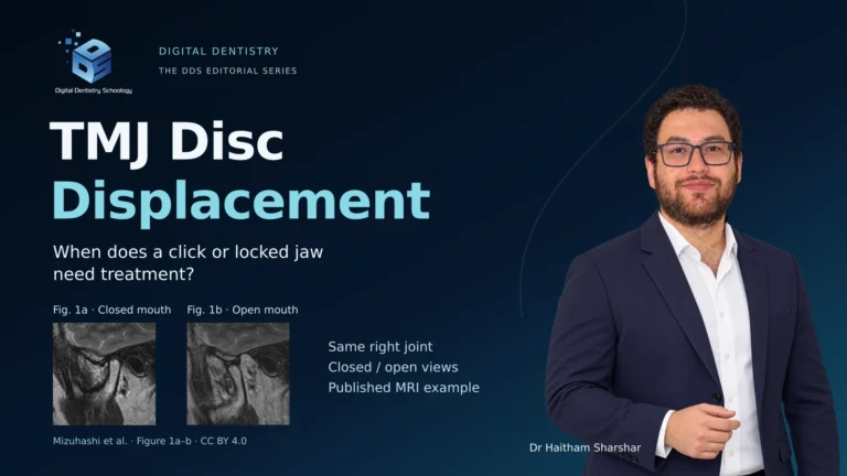 TMJ Disc Displacement editorial cover with Dr. Haitham Sharshar, the DDS logo and an attributed closed- and open-mouth MRI pair.
