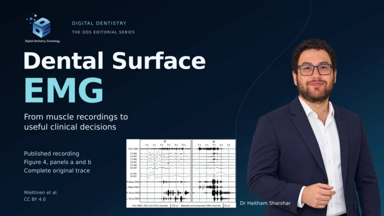 Dental Electromyography (EMG) in Diagnostics and Integrative Treatment Planning 4 Dental Surface EMG editorial cover with Dr. Haitham Sharshar, the DDS logo and an attributed example muscle recording.