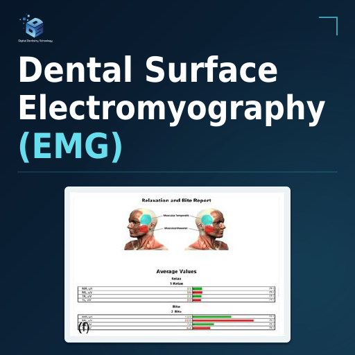 Dental Electromyography (EMG) in Diagnostics and Integrative Treatment Planning 1 Cover reading “Dental Surface Electromyography (EMG)” above an authentic rest-and-bite EMG report with paired muscle diagrams and average-value bars.