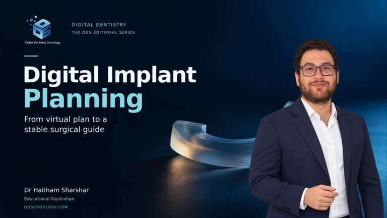 Digital Implant Planning editorial cover with Dr. Haitham Sharshar and the DDS logo. Guide imagery is illustrative.
