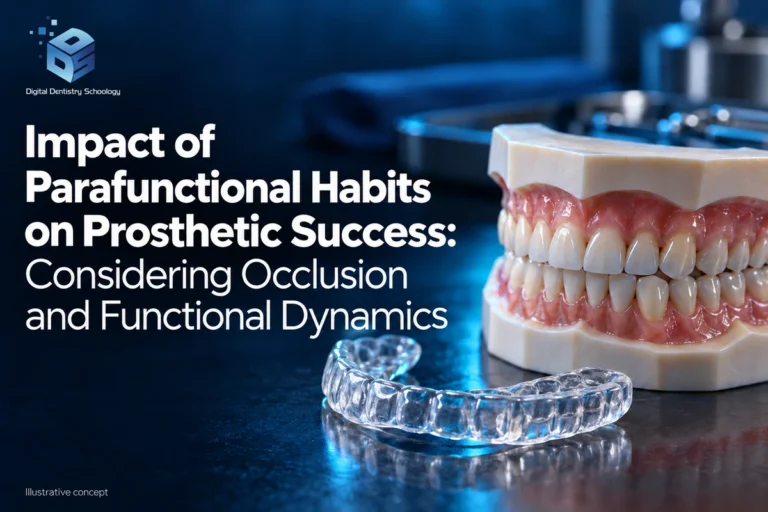 Impact of Parafunctional Habits on Prosthetic Success: Considering Occlusion and Functional Dynamics 2 Illustrative dental study model and clear occlusal splint beside the headline: Impact of Parafunctional Habits on Prosthetic Success: Considering Occlusion and Functional Dynamics.