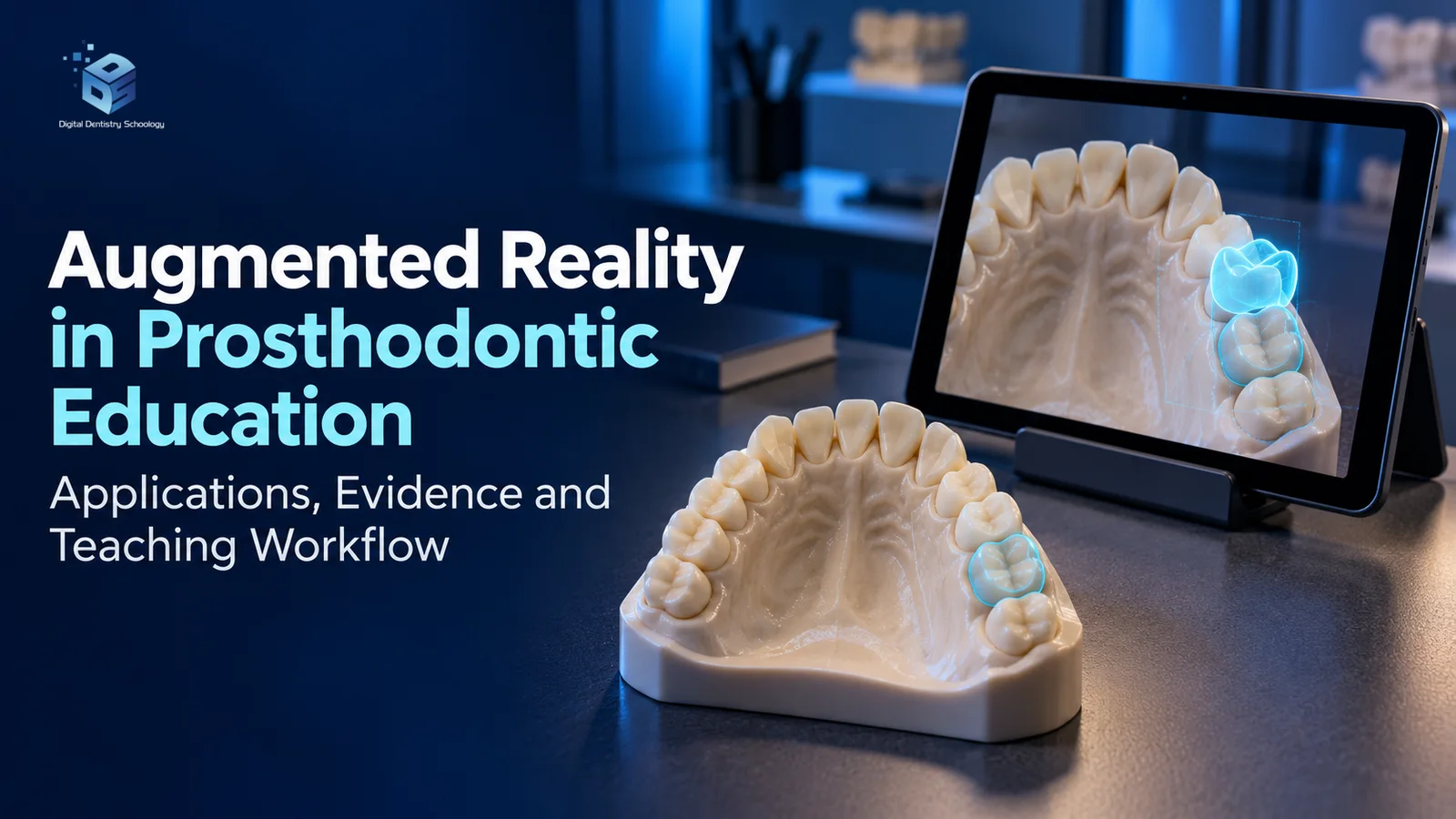 Augmented Reality Applications in Prosthodontic Education: Transforming Dental Training Through Immersive Technology 1 Conceptual dental training workstation with a physical upper-jaw model and translucent crown overlays on a tablet view; headline: Augmented Reality in Prosthodontic Education: Applications, Evidence and Teaching Workflow.