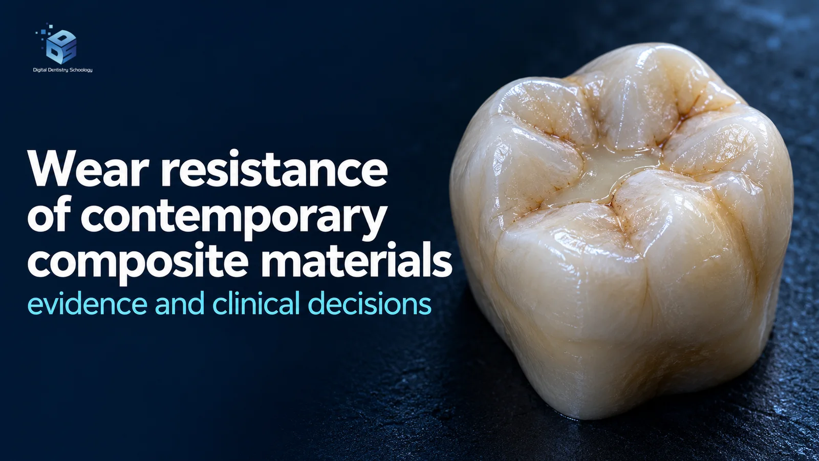 AI-generated conceptual molar teaching model with a tooth-coloured central occlusal restoration; headline: Wear resistance of contemporary composite materials: evidence and clinical decisions.