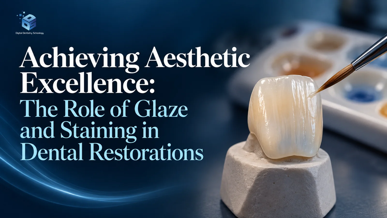 AI-generated conceptual ceramic incisor restoration on a laboratory support with a fine brush; headline: Achieving Aesthetic Excellence: The Role of Glaze and Staining in Dental Restorations.