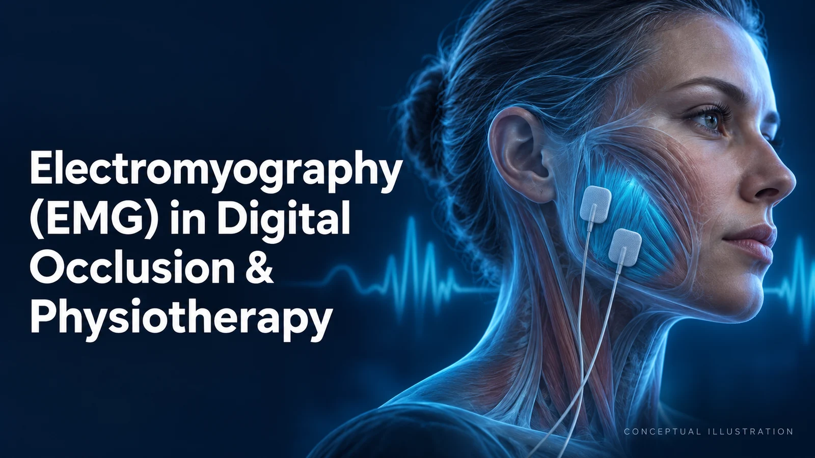 Electromyography (EMG) in Digital Occlusion & Physiotherapy 1 Conceptual illustration of surface electrodes over a highlighted jaw-muscle region, beside the title Electromyography (EMG) in Digital Occlusion & Physiotherapy.